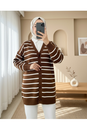 كارديجان تريكو مخطط بأزرار على شكل حرف V -بنى