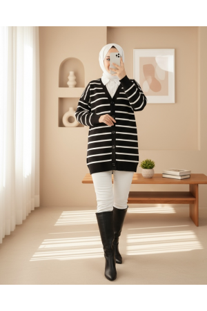كارديجان تريكو مخطط بأزرار على شكل حرف V -أسود