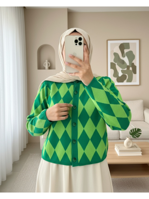 Bisiklet Yaka Düğmeli Baklava Desen Hırka -Yeşil