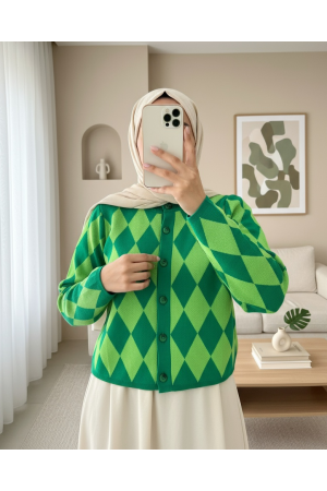 Bisiklet Yaka Düğmeli Baklava Desen Hırka -Yeşil