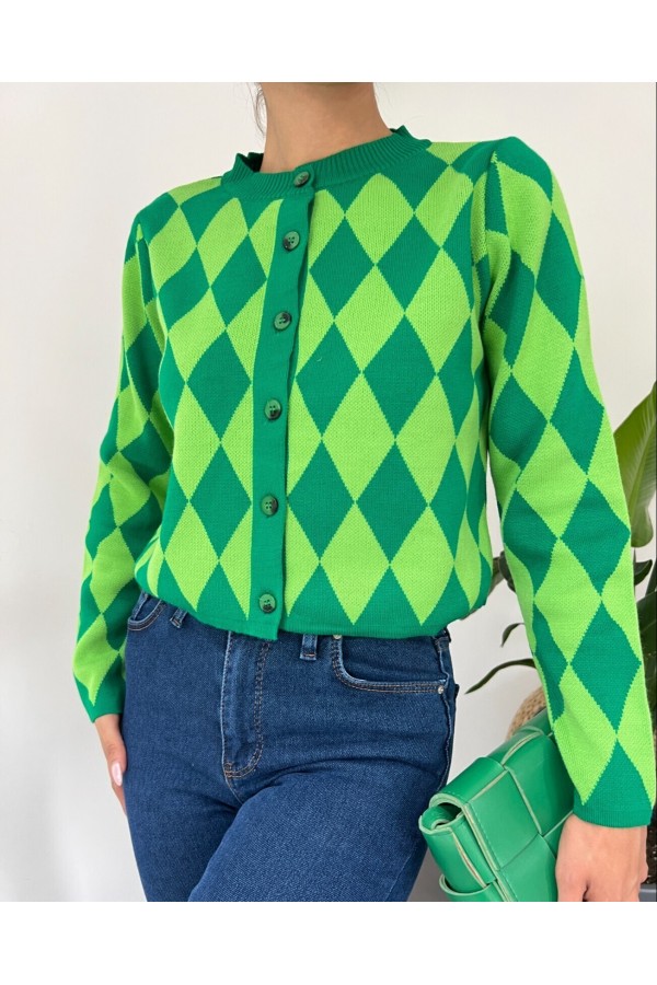 Crew Neck Buttoned Checkered Cardigan -Green