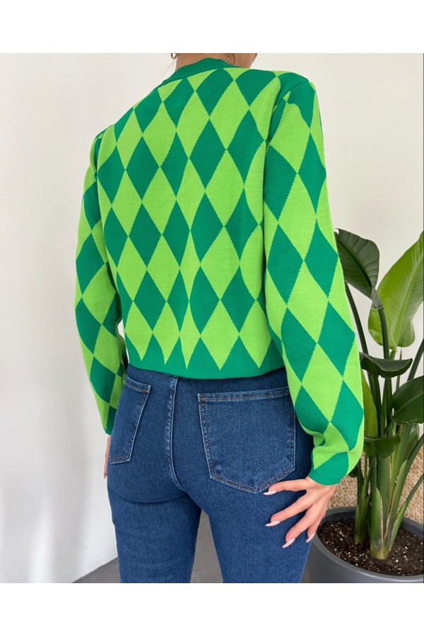 Crew Neck Buttoned Checkered Cardigan -Green