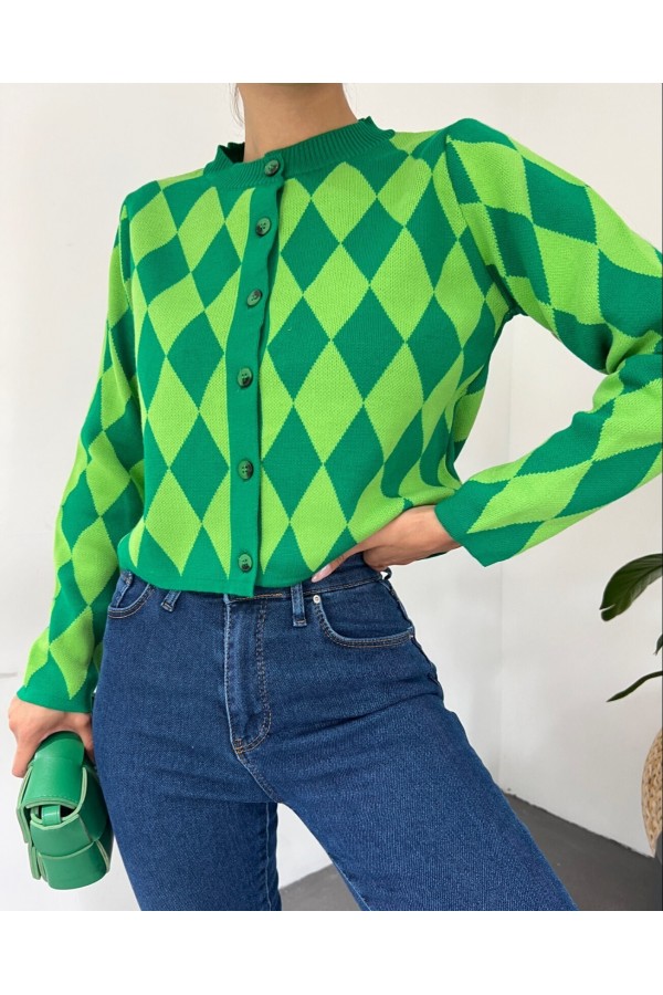 Crew Neck Buttoned Checkered Cardigan -Green