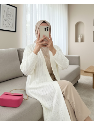 Yırtmaçlı Örgü Desen Uzun Hırka -Beyaz