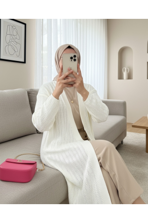كارديجان طويل بنمط محبوك -أبيض