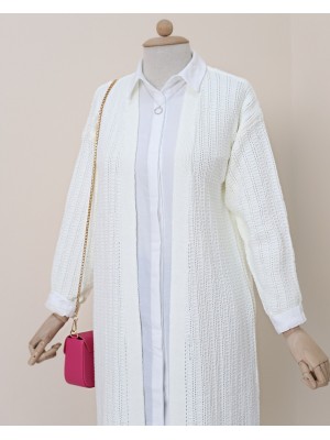 Yırtmaçlı Örgü Desen Uzun Hırka -Beyaz