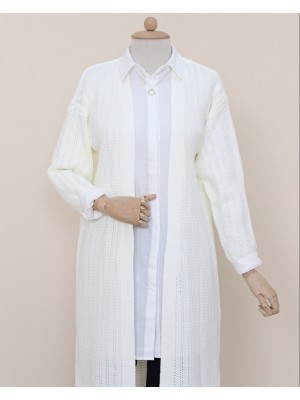 Yırtmaçlı Örgü Desen Uzun Hırka -Beyaz