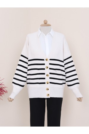 كارديجان مخطط بأزرار بجيب مزدوج -أبيض سكري