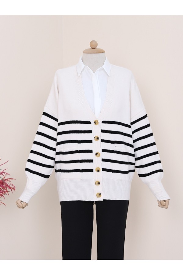 Double Pocket Striped Buttoned Cardigan -Ecru