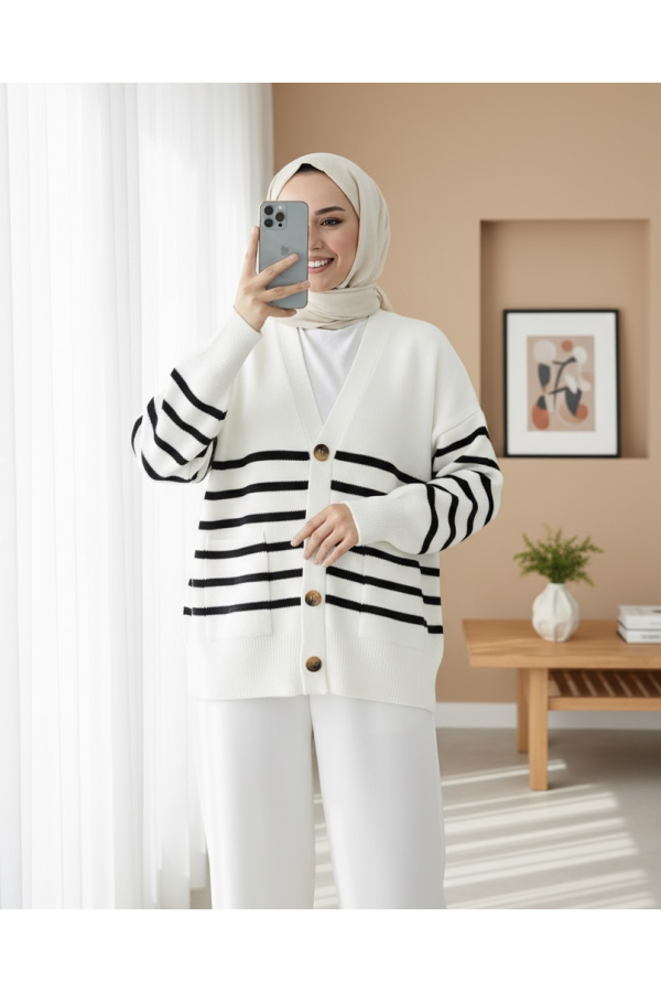 Double Pocket Striped Buttoned Cardigan -Ecru