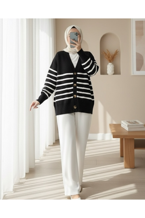 كارديجان مخطط بأزرار بجيب مزدوج  -أسود