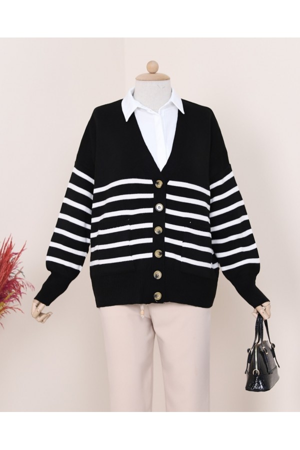 Double Pocket Striped Buttoned Cardigan  -Black