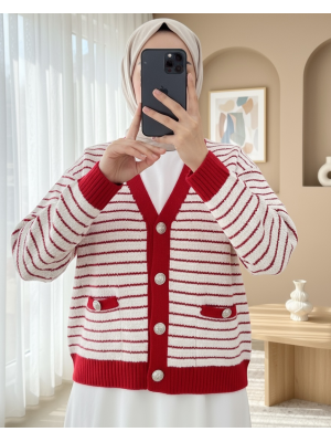 Düğmeli Cep Detaylı İnce Çizgili Triko Hırka -Fuşya