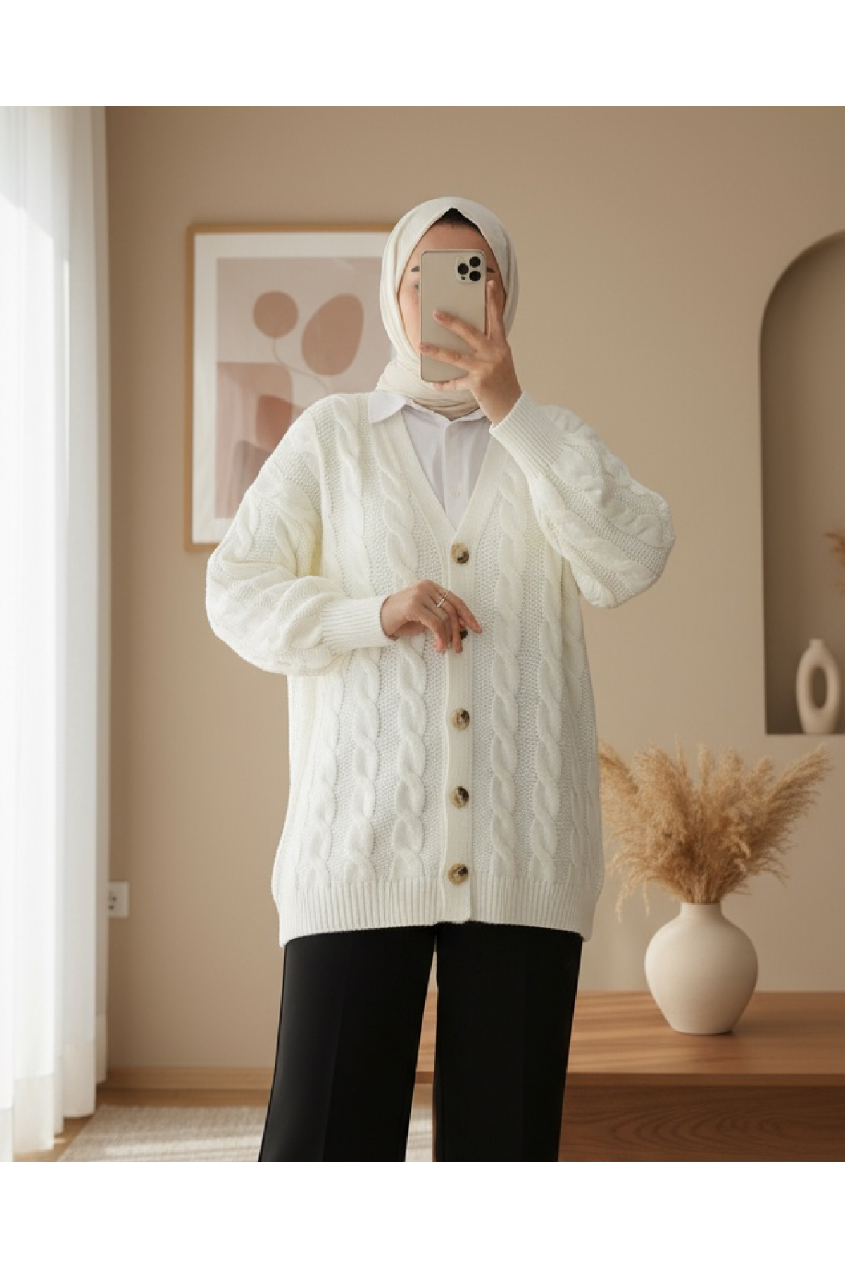 Hair Braided Buttoned Knitwear Cardigan -Ecru