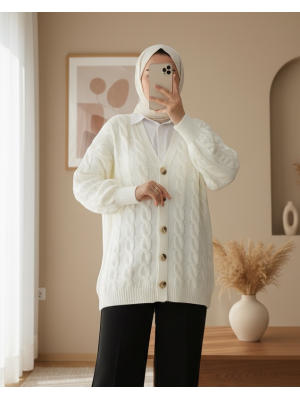 Saç Örgülü Düğmeli Triko Hırka -Ekru