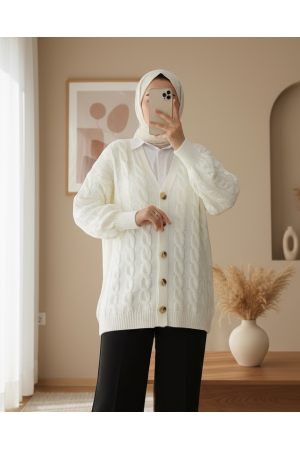 Saç Örgülü Düğmeli Triko Hırka -Ekru