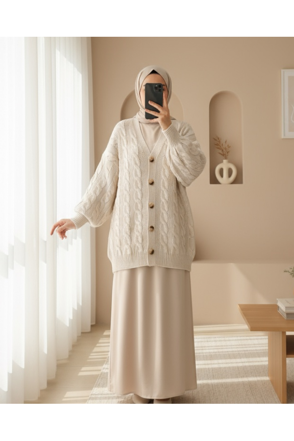 Hair Braided Buttoned Knitwear Cardigan -Stone