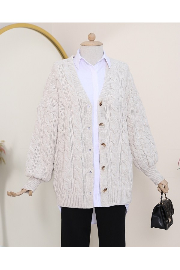 Hair Braided Buttoned Knitwear Cardigan -Stone