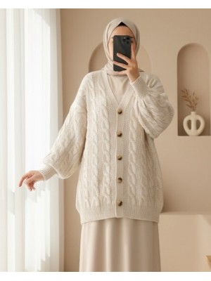 Saç Örgülü Düğmeli Triko Hırka -Taş