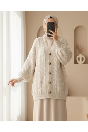 Saç Örgülü Düğmeli Triko Hırka -Taş