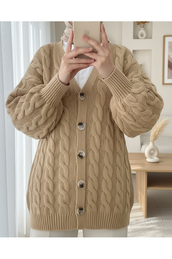 Hair Braided Buttoned Knitwear Cardigan -Mink color