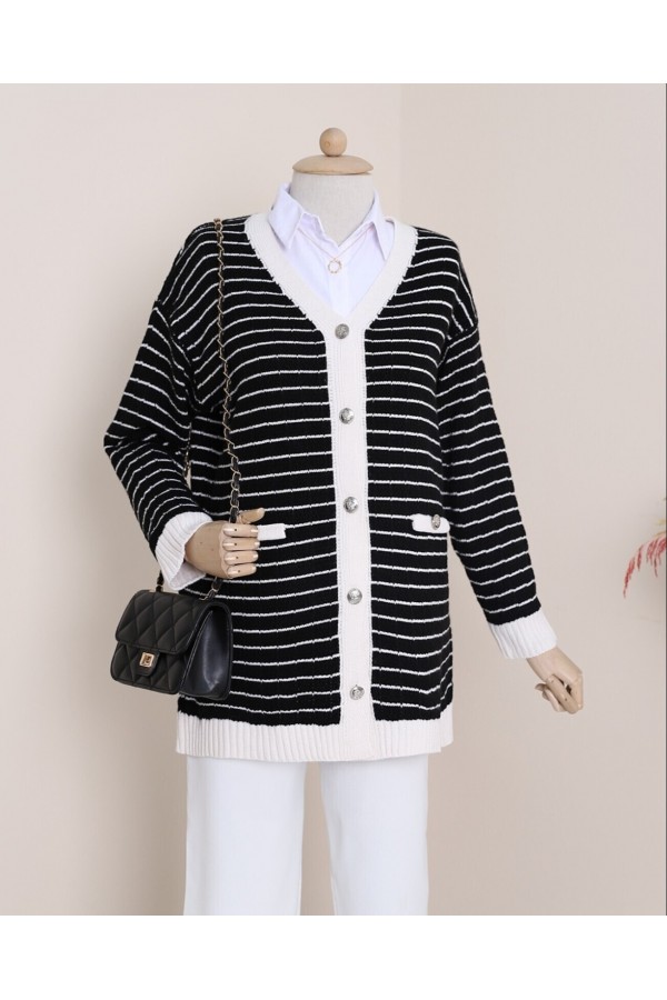Pocket Detailed Buttoned Striped Cardigan -Black
