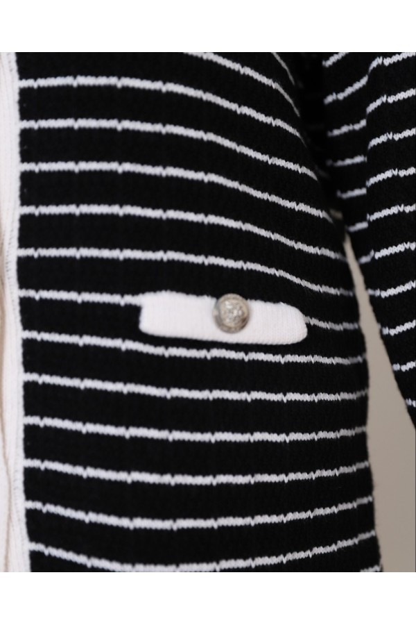 Pocket Detailed Buttoned Striped Cardigan -Black