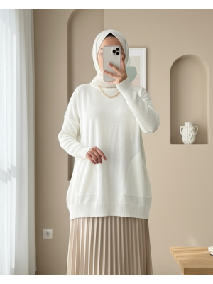 Yuvarlak Yaka Kolu Fitilli Triko Kazak -Ekru