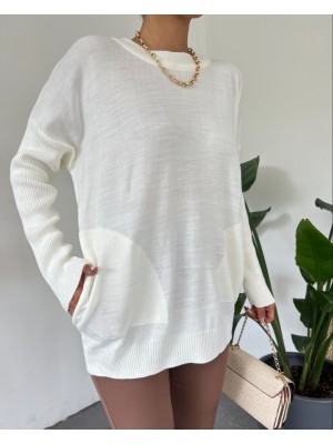 Yuvarlak Yaka Kolu Fitilli Triko Kazak -Ekru