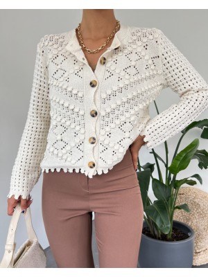 Openwork Buttoned Cardigan With Pompom -Ecru