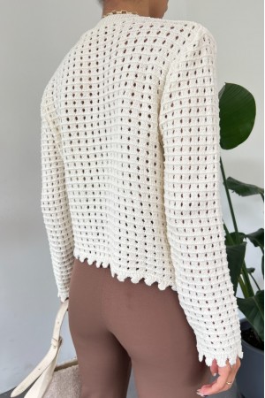 Ponponlu Ajurlu Düğmeli Hırka -Ekru