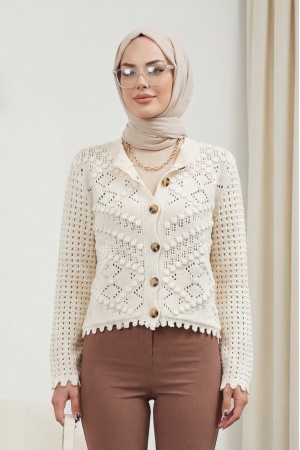 Ponponlu Ajurlu Düğmeli Hırka -Ekru