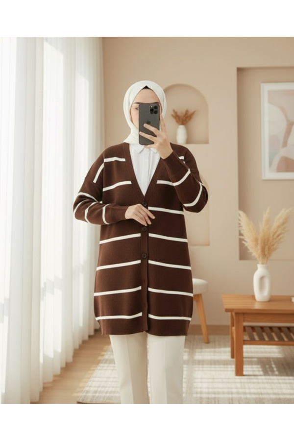 Striped Buttoned Cardigan -Brown