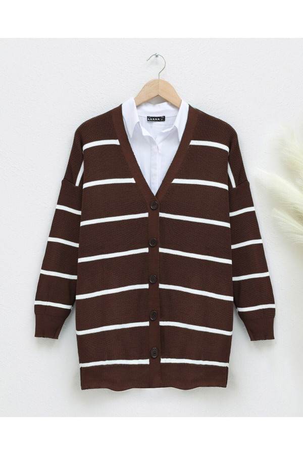 Striped Buttoned Cardigan -Brown