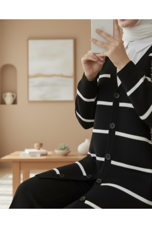 Çizgili Düğmeli Hırka -Siyah