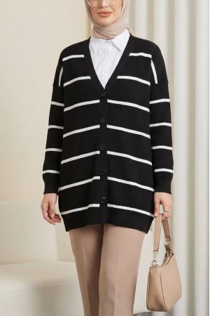 Çizgili Düğmeli Hırka -Siyah