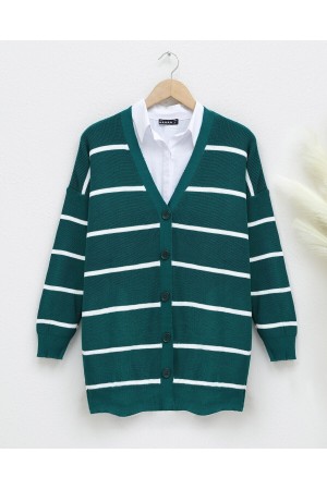 Striped Buttoned Cardigan -Emerald