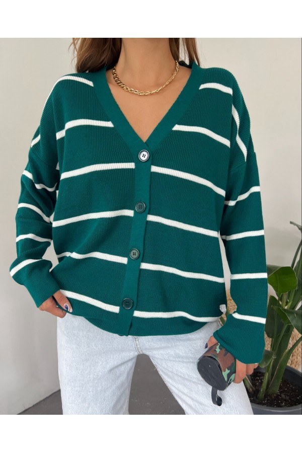 Striped Buttoned Cardigan -Emerald