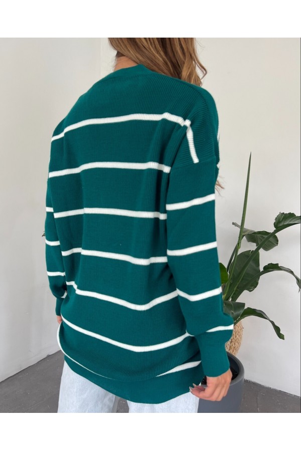 Striped Buttoned Cardigan -Emerald