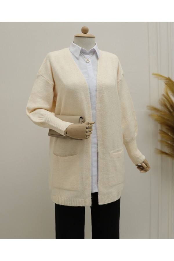 Yumoş Double Pocket Knitwear Cardigan   -Cream color