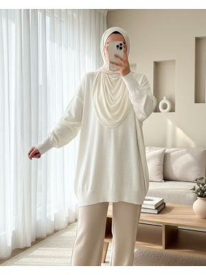 Düz Bisiklet Yaka Balon Kol Triko Tunik       -Beyaz