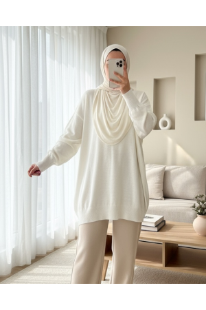Straight Crew Neck Balloon Sleeve Knitwear Tunic       -White