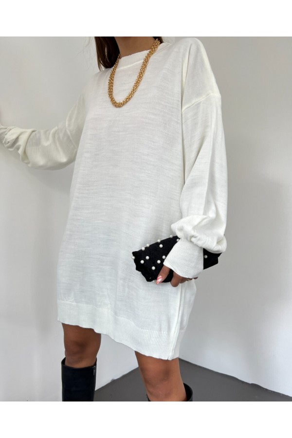 Straight Crew Neck Balloon Sleeve Knitwear Tunic       -White