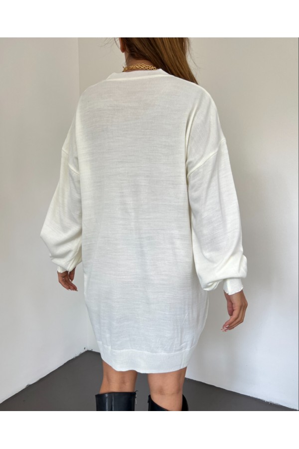 Straight Crew Neck Balloon Sleeve Knitwear Tunic       -White