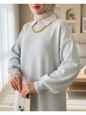 Düz Bisiklet Yaka Balon Kol Triko Tunik       -Gri