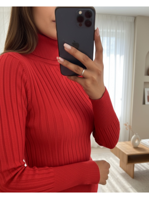 Balıkçı Yaka Fitilli Triko Kazak -Kırmızı