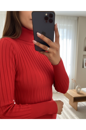 Turtleneck Corduroy Knitwear Sweater -Red