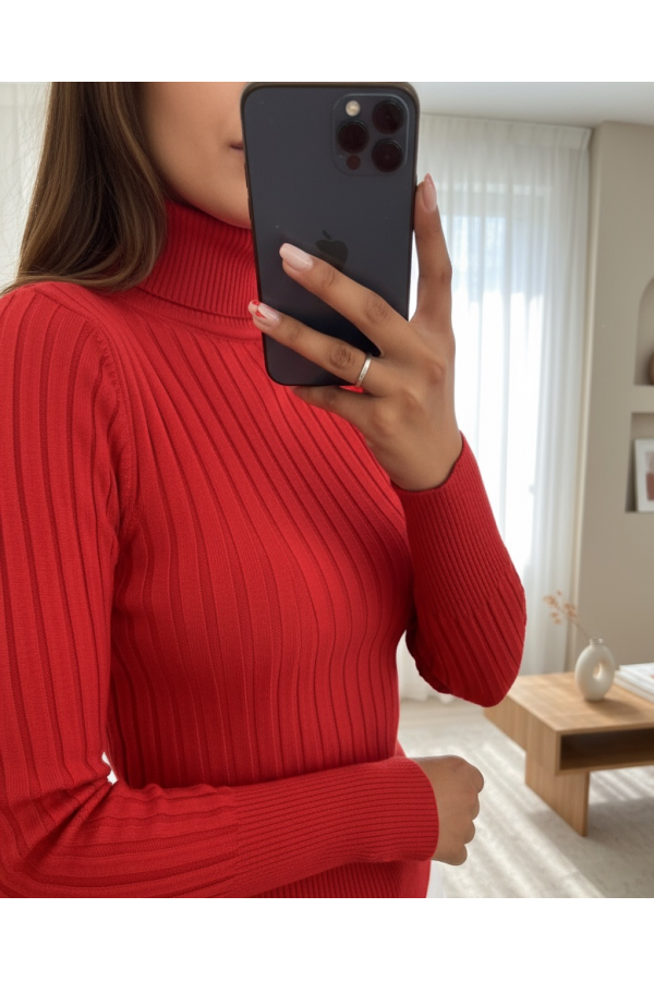 Turtleneck Corduroy Knitwear Sweater -أحمر