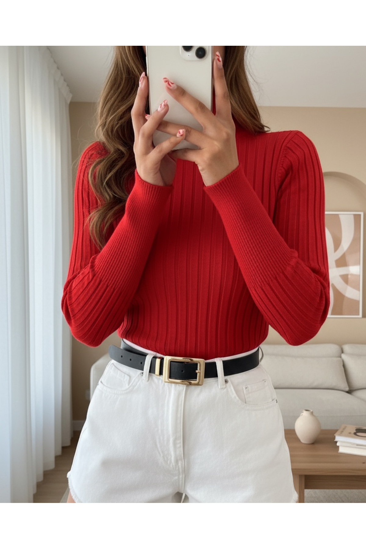 Turtleneck Corduroy Knitwear Sweater -Red