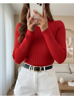 Balıkçı Yaka Fitilli Triko Kazak -Kırmızı